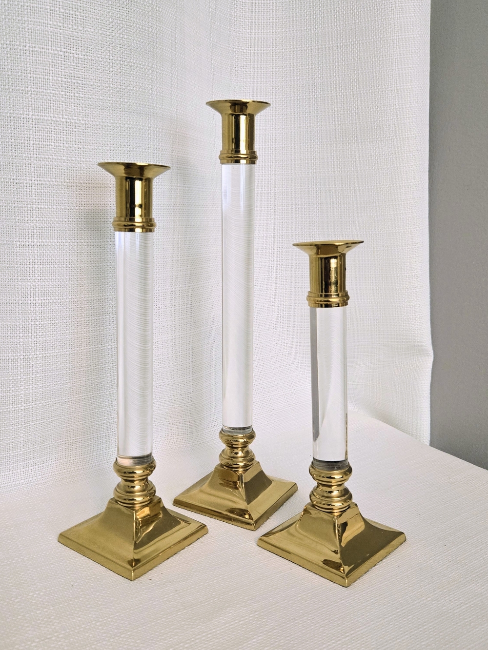 Vtg Brass and Lucite Taper Candle Holders Set 3 Graduated Height MCM